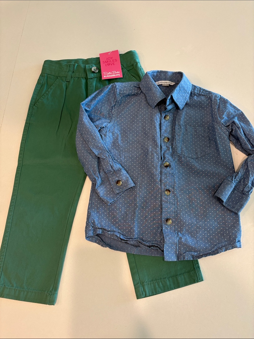 RuggedButts toddler spruce straight Chino Pants & Blue Dot Button-Up Shirt new 3